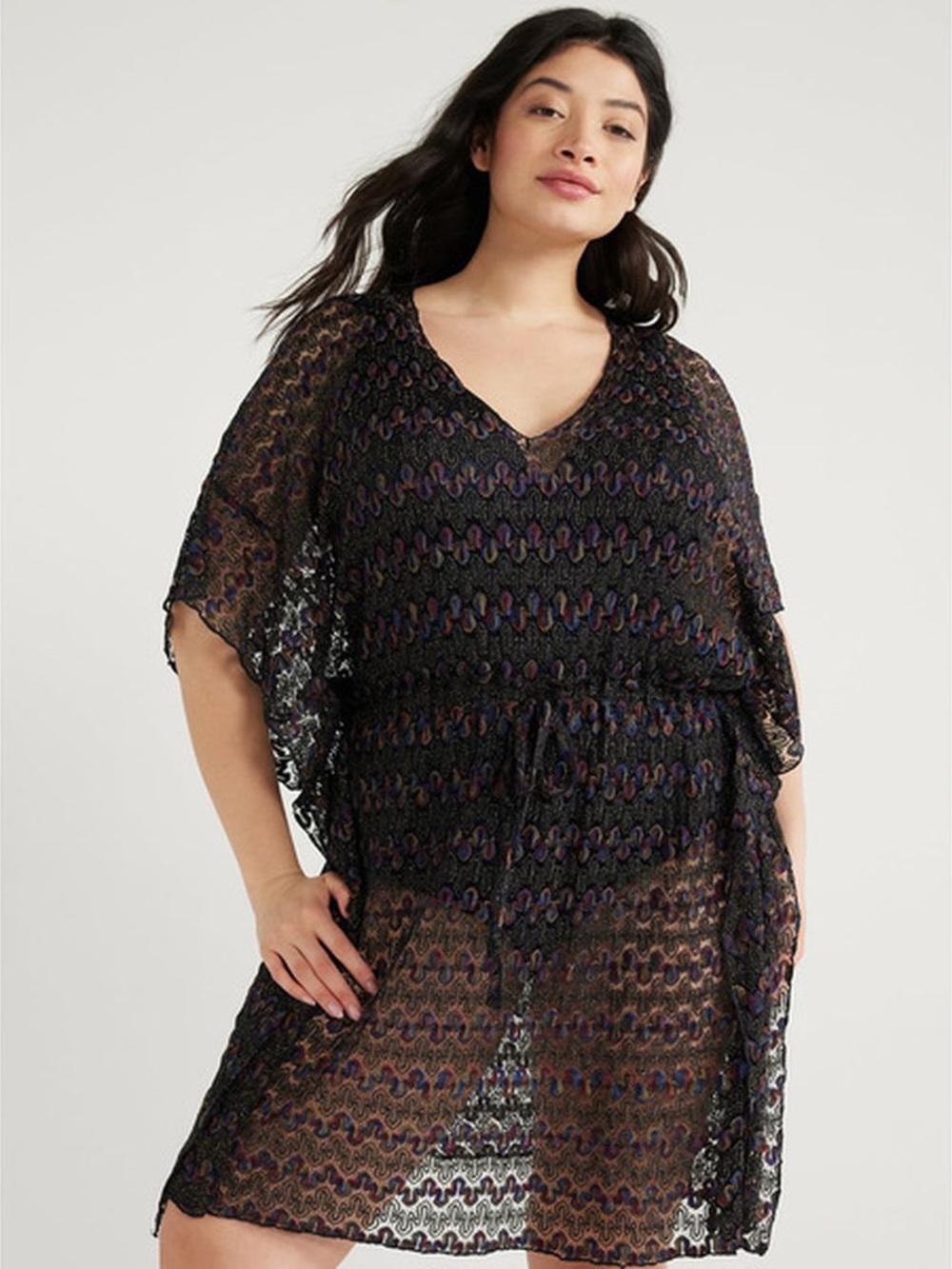 Time and Tru Black Sheer V-Neck Swim Coverup with Multicolor Accents